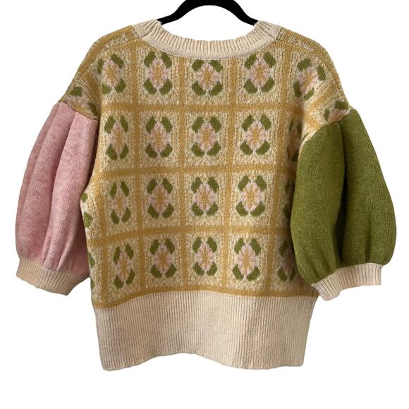 Seen And Be Seen Puffed Short Sleeve Cropped Jacquard Cardigan Sweater S… - Picture 2 of 10